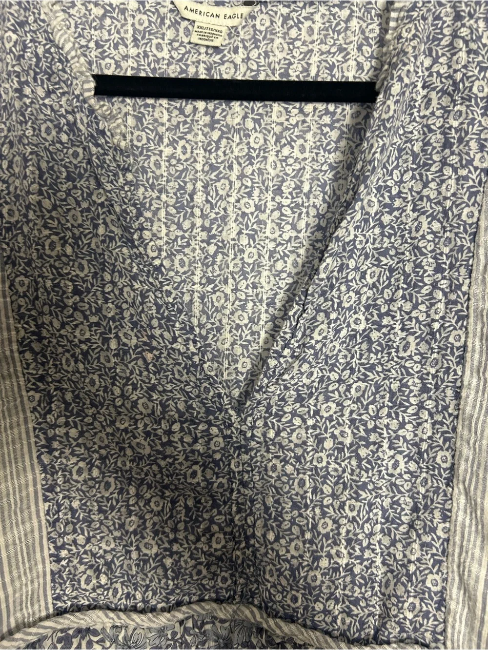 American Eagle Outfitters Blue & White Popover,V-neck Mixed-Print Peasant Blouse - Picture 2 of 8